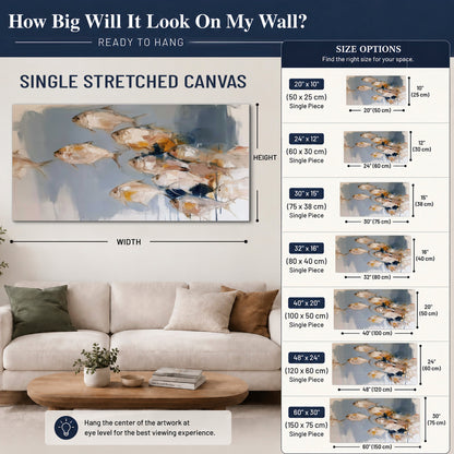 Small blue and golden fish moving across a pale layered abstract background single canvas wall art size guide above a sofa; room view is illustrative
