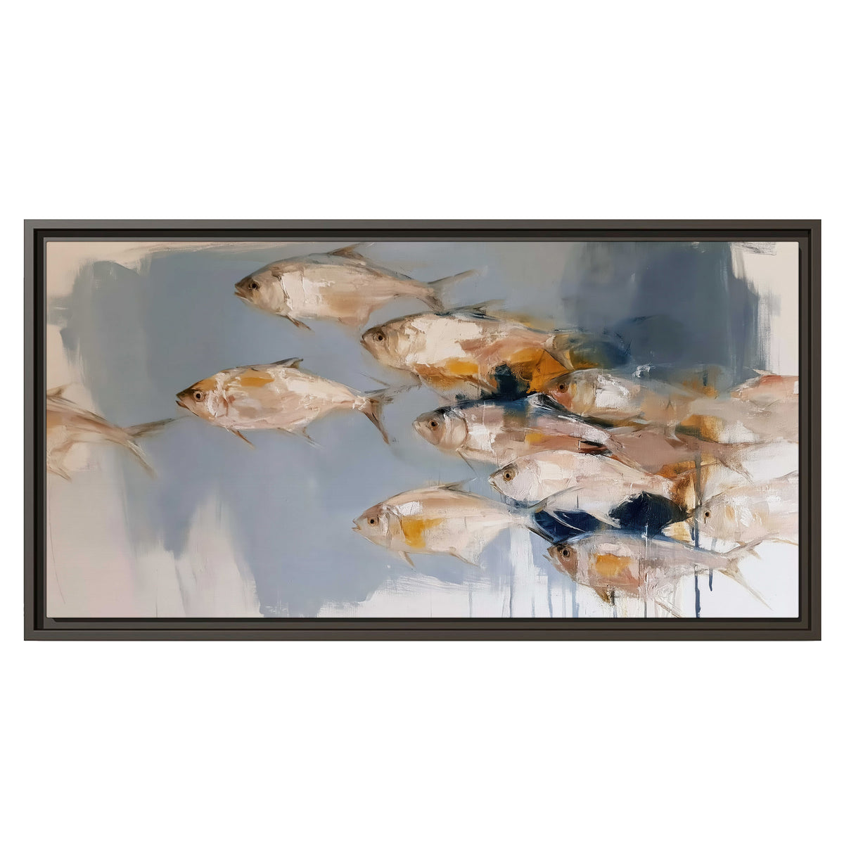 Small blue and golden fish moving across a pale layered abstract background single framed canvas wall art viewed straight on
