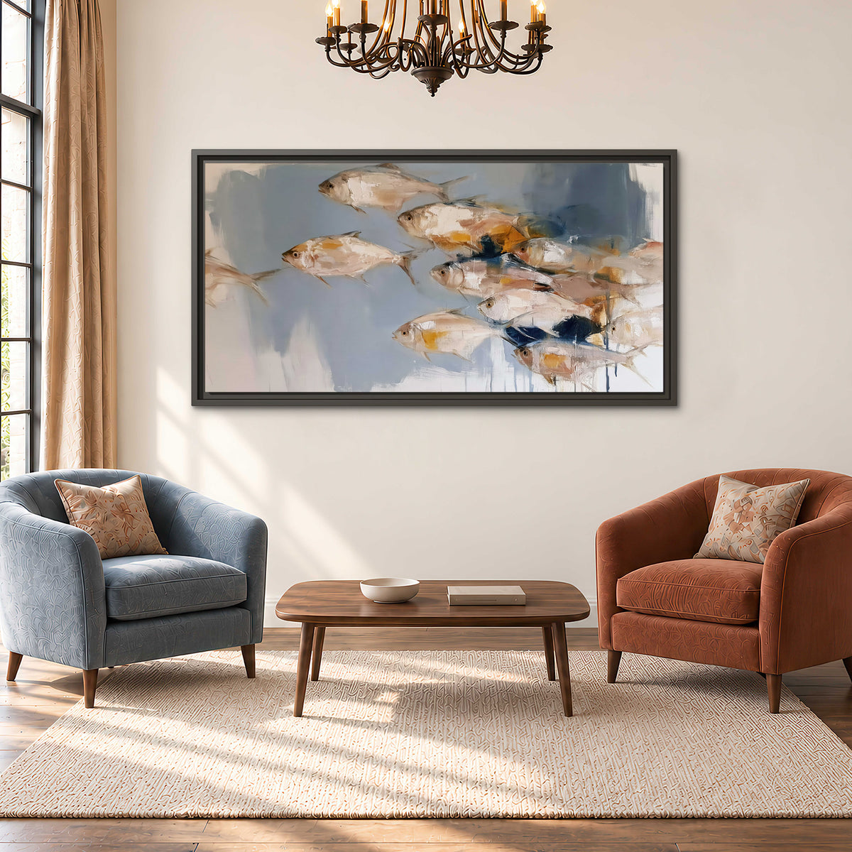 Small blue and golden fish moving across a pale layered abstract background single framed canvas wall art styled in an interior