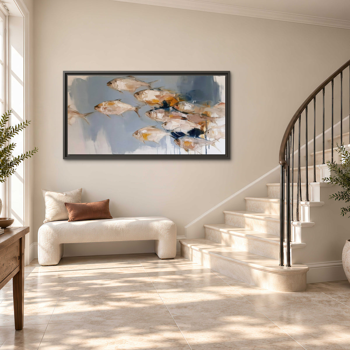 Small blue and golden fish moving across a pale layered abstract background single framed canvas wall art styled in an interior