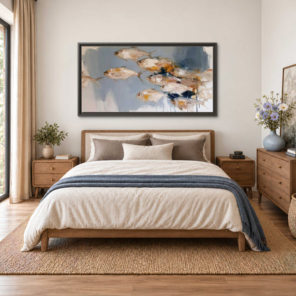 Small blue and golden fish moving across a pale layered abstract background single framed canvas wall art styled in an interior