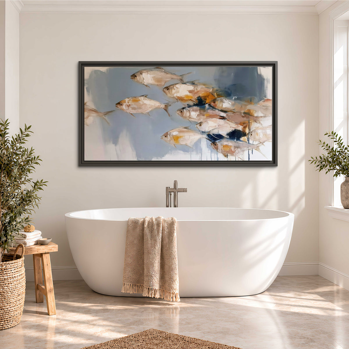 Small blue and golden fish moving across a pale layered abstract background single framed canvas wall art styled in an interior