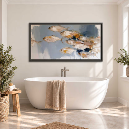 Small blue and golden fish moving across a pale layered abstract background single framed canvas wall art styled in an interior