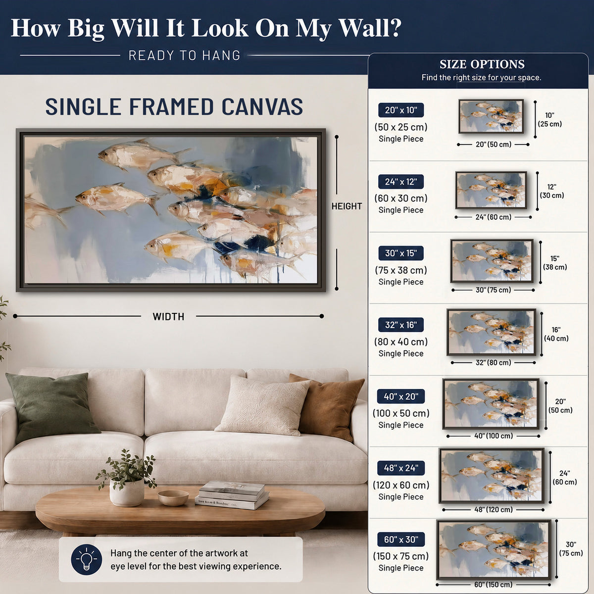 Small blue and golden fish moving across a pale layered abstract background single framed canvas wall art size guide above a sofa; room view is illustrative