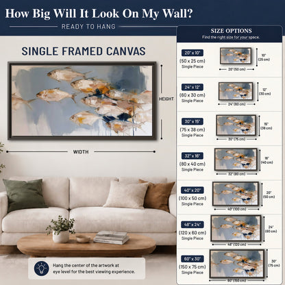 Small blue and golden fish moving across a pale layered abstract background single framed canvas wall art size guide above a sofa; room view is illustrative