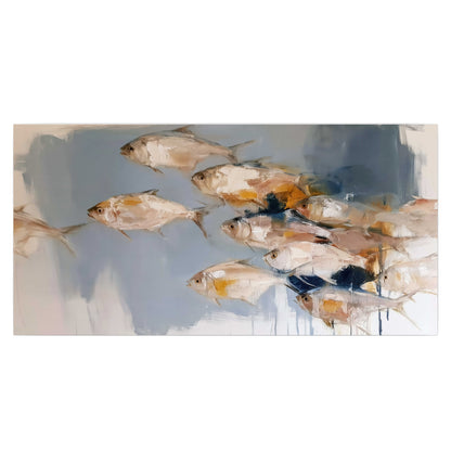 Small blue and golden fish moving across a pale layered abstract background single poster print viewed straight on