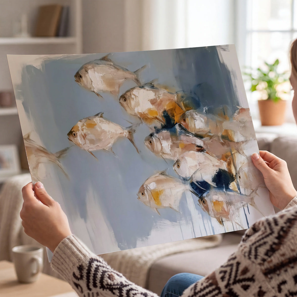 Small blue and golden fish moving across a pale layered abstract background single poster print held in hands