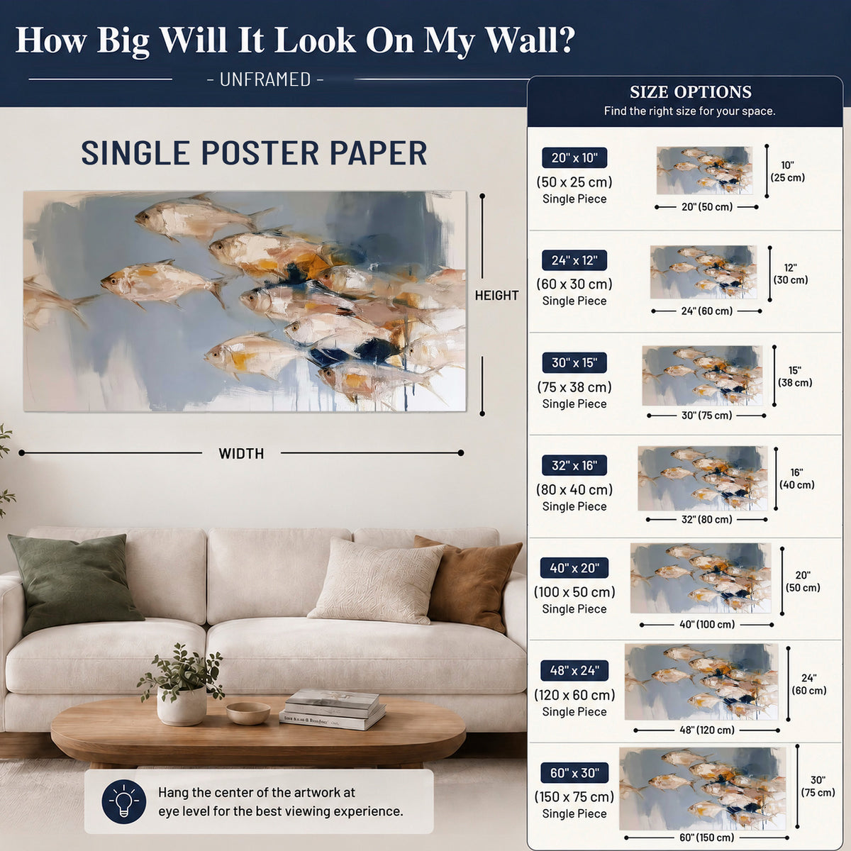Small blue and golden fish moving across a pale layered abstract background single poster print size guide above a sofa; room view is illustrative