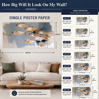 Small blue and golden fish moving across a pale layered abstract background single poster print size guide above a sofa; room view is illustrative