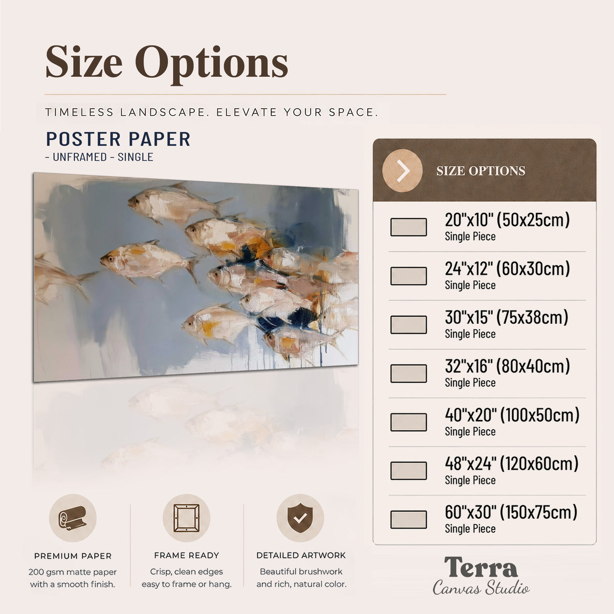 Small blue and golden fish moving across a pale layered abstract background single poster print available dimensions