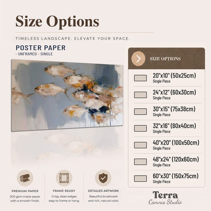 Small blue and golden fish moving across a pale layered abstract background single poster print available dimensions