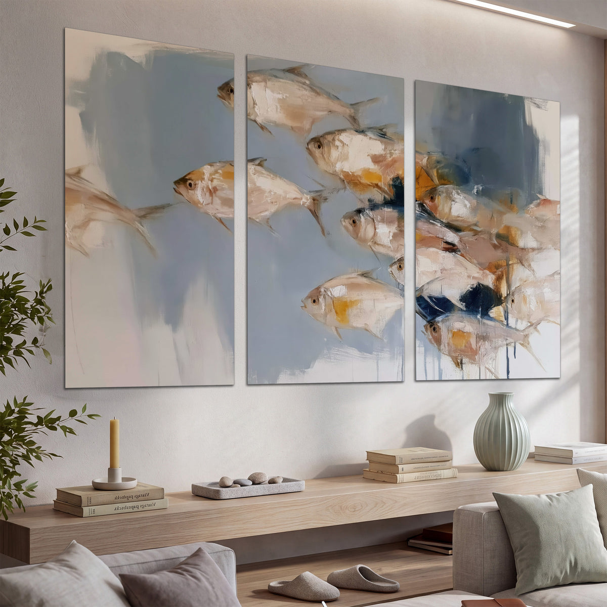 Small blue and golden fish moving across a pale layered abstract background set of 3 poster prints displayed in a console