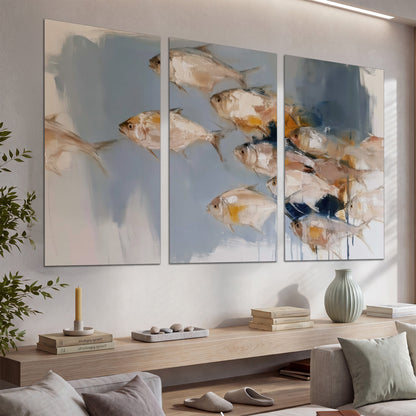 Small blue and golden fish moving across a pale layered abstract background set of 3 poster prints displayed in a console