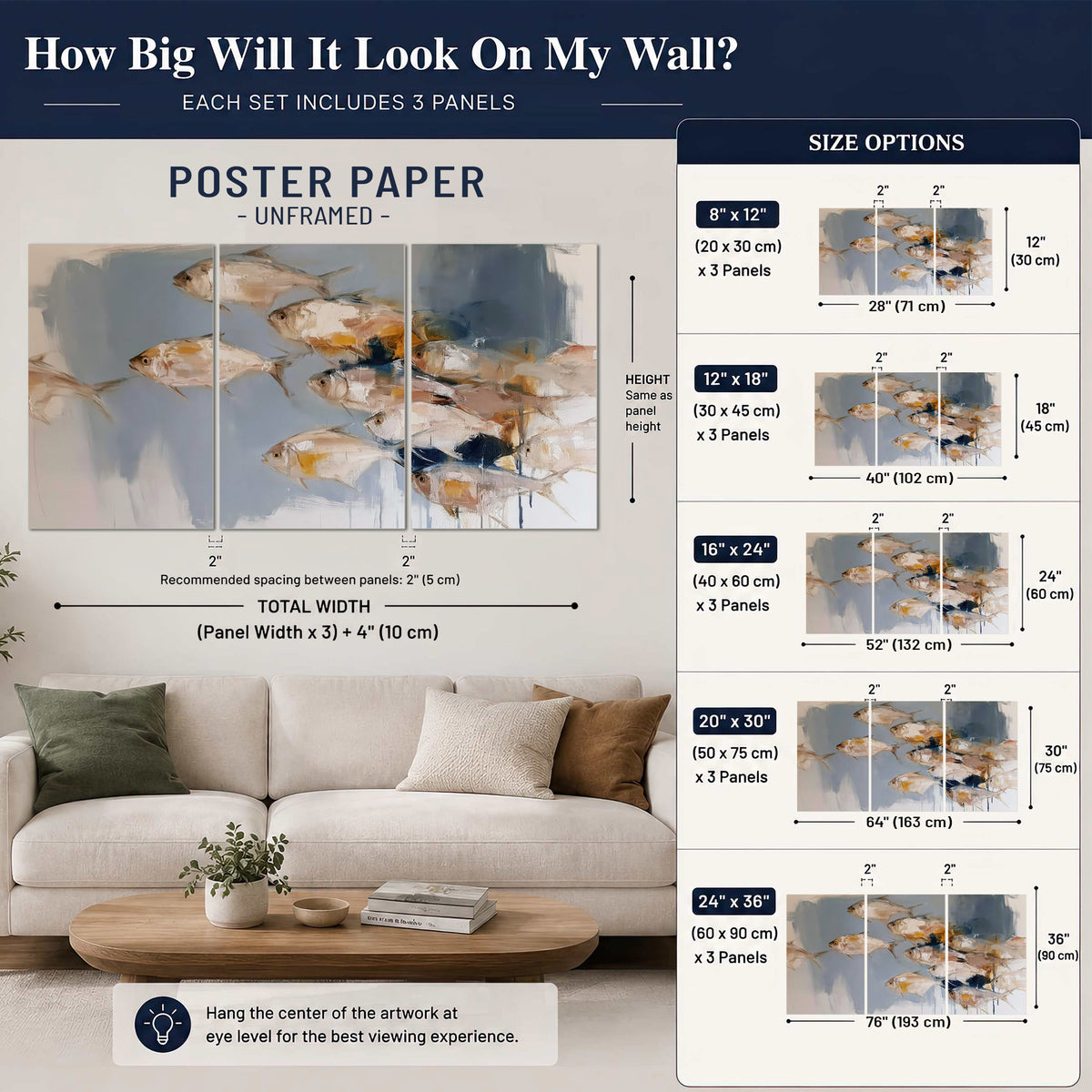 Small blue and golden fish moving across a pale layered abstract background set of 3 poster prints size guide above a sofa; room view is illustrative