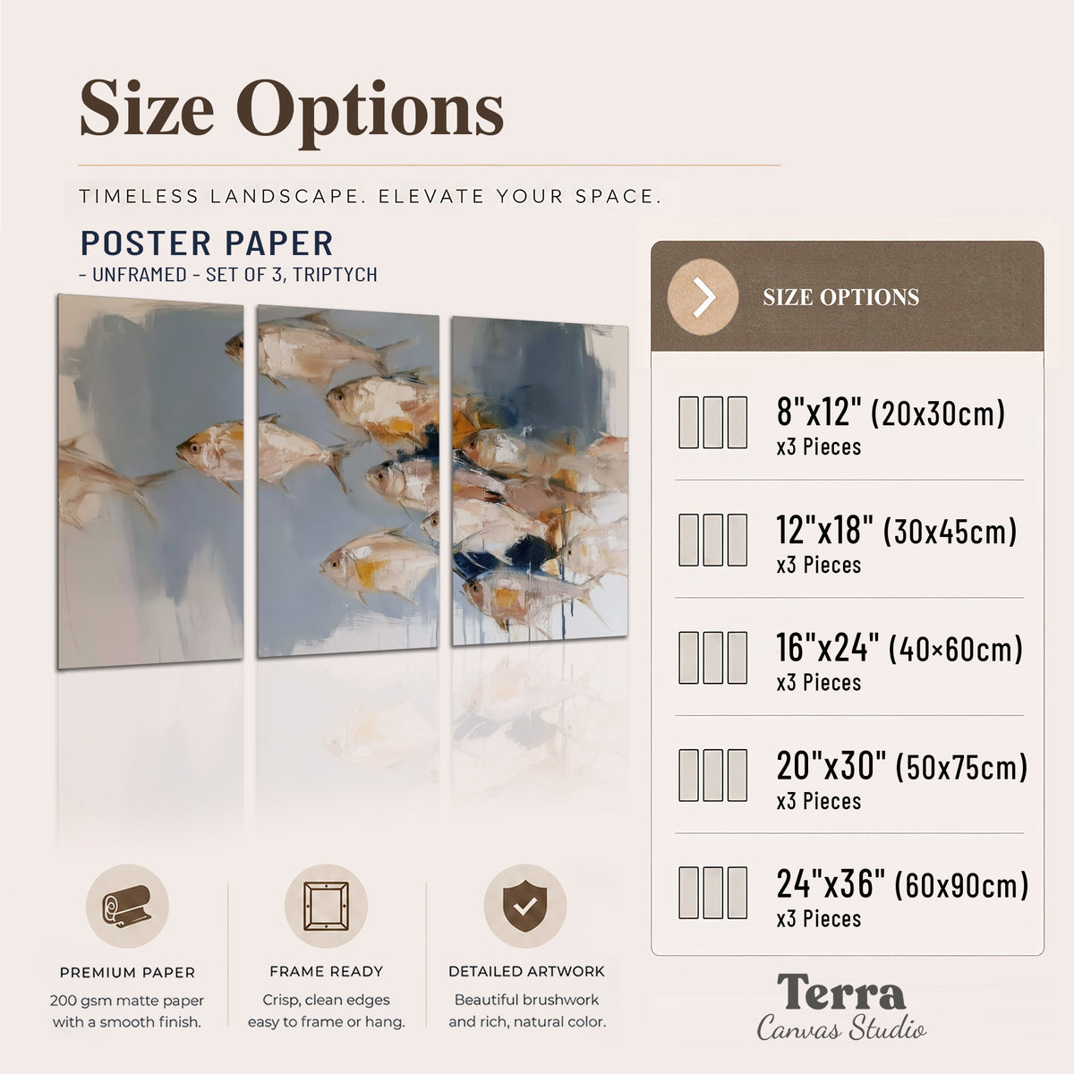 Small blue and golden fish moving across a pale layered abstract background set of 3 poster prints available dimensions; triptych dimensions are per panel