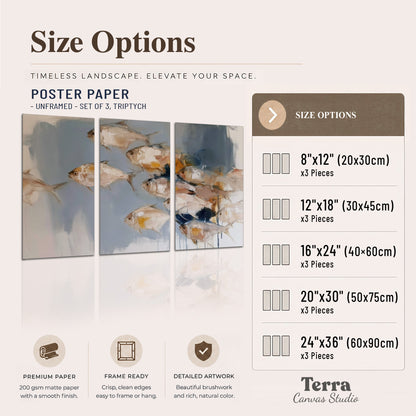 Small blue and golden fish moving across a pale layered abstract background set of 3 poster prints available dimensions; triptych dimensions are per panel