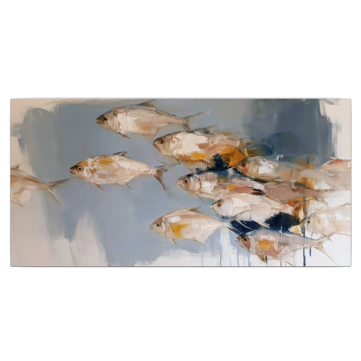 Small blue and golden fish moving across a pale layered abstract background single canvas wall art viewed straight on