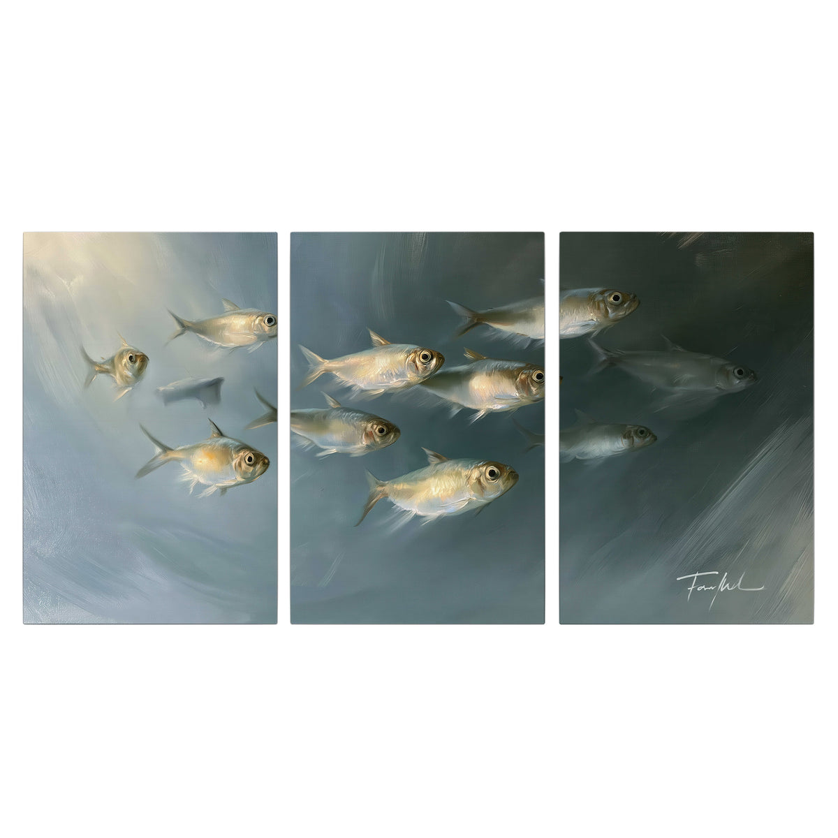 A small school of pale golden fish swimming across dark blue-green water 3 piece canvas wall art viewed straight on
