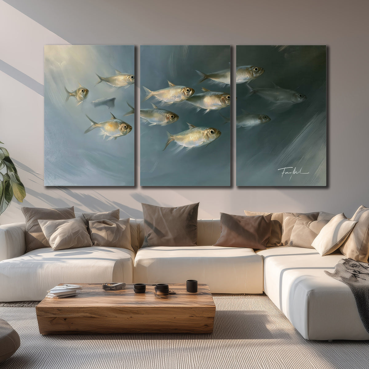 A small school of pale golden fish swimming across dark blue-green water 3 piece canvas wall art displayed in a living room