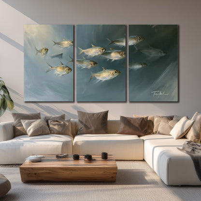 A small school of pale golden fish swimming across dark blue-green water 3 piece canvas wall art displayed in a living room