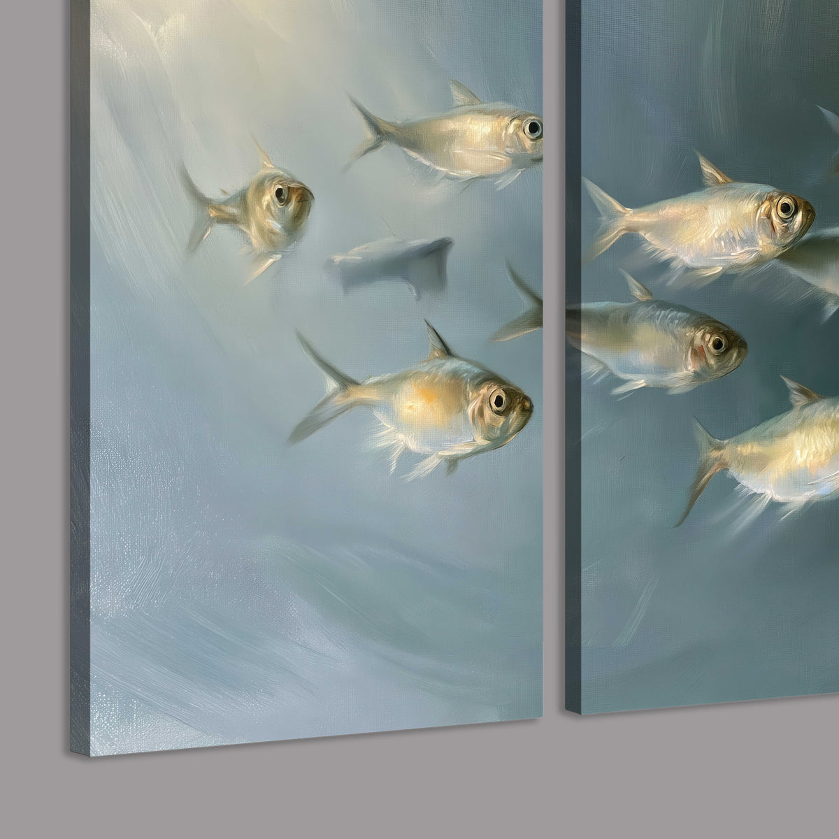 A small school of pale golden fish swimming across dark blue-green water 3 piece canvas wall art room and product view