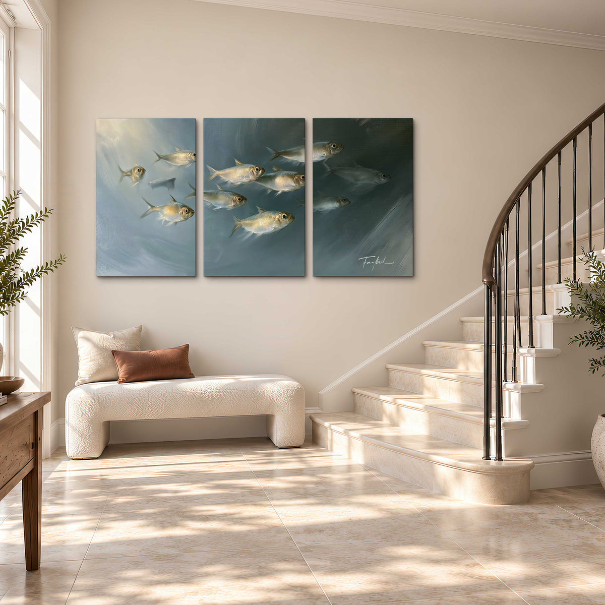 A small school of pale golden fish swimming across dark blue-green water 3 piece canvas wall art styled in an interior
