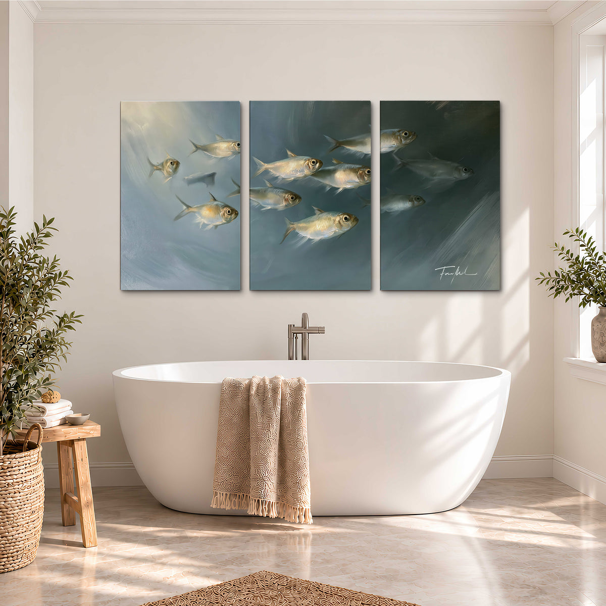A small school of pale golden fish swimming across dark blue-green water 3 piece canvas wall art styled in an interior