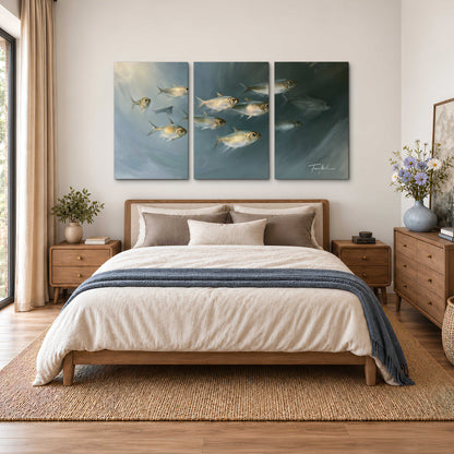 A small school of pale golden fish swimming across dark blue-green water 3 piece canvas wall art styled in an interior