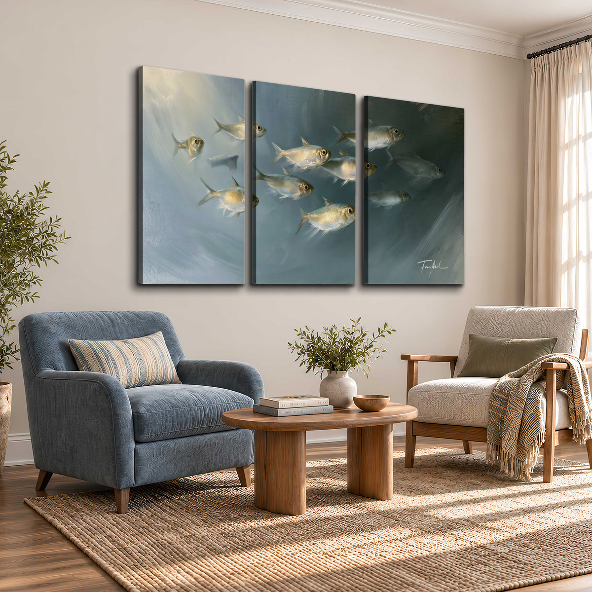 A small school of pale golden fish swimming across dark blue-green water 3 piece canvas wall art styled in an interior
