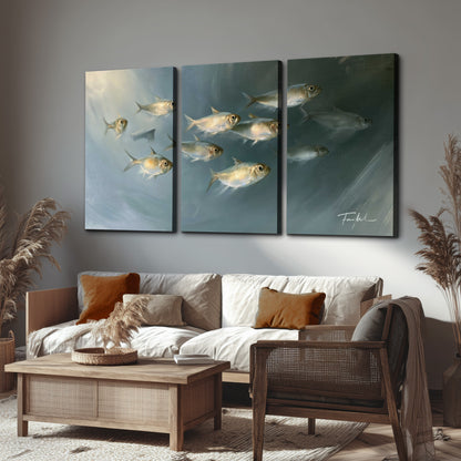 A small school of pale golden fish swimming across dark blue-green water 3 piece canvas wall art displayed in a rustic living room