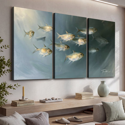 A small school of pale golden fish swimming across dark blue-green water 3 piece canvas wall art displayed in a console