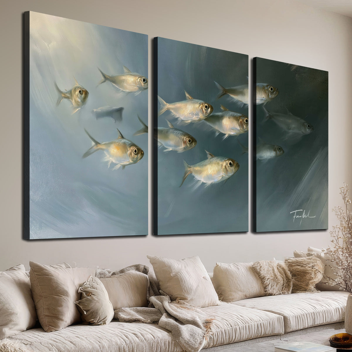 A small school of pale golden fish swimming across dark blue-green water 3 piece canvas wall art room and product view