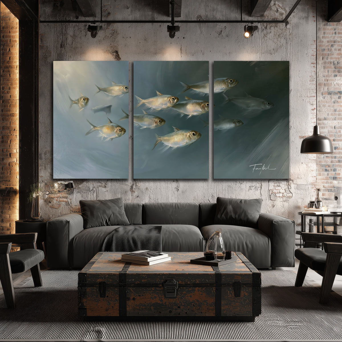 A small school of pale golden fish swimming across dark blue-green water 3 piece canvas wall art displayed in a industrial room