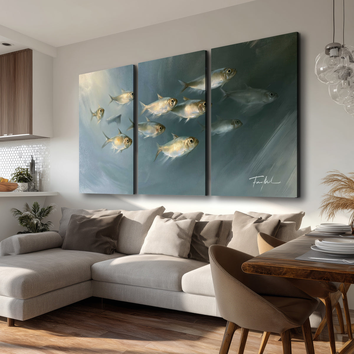 A small school of pale golden fish swimming across dark blue-green water 3 piece canvas wall art room and product view