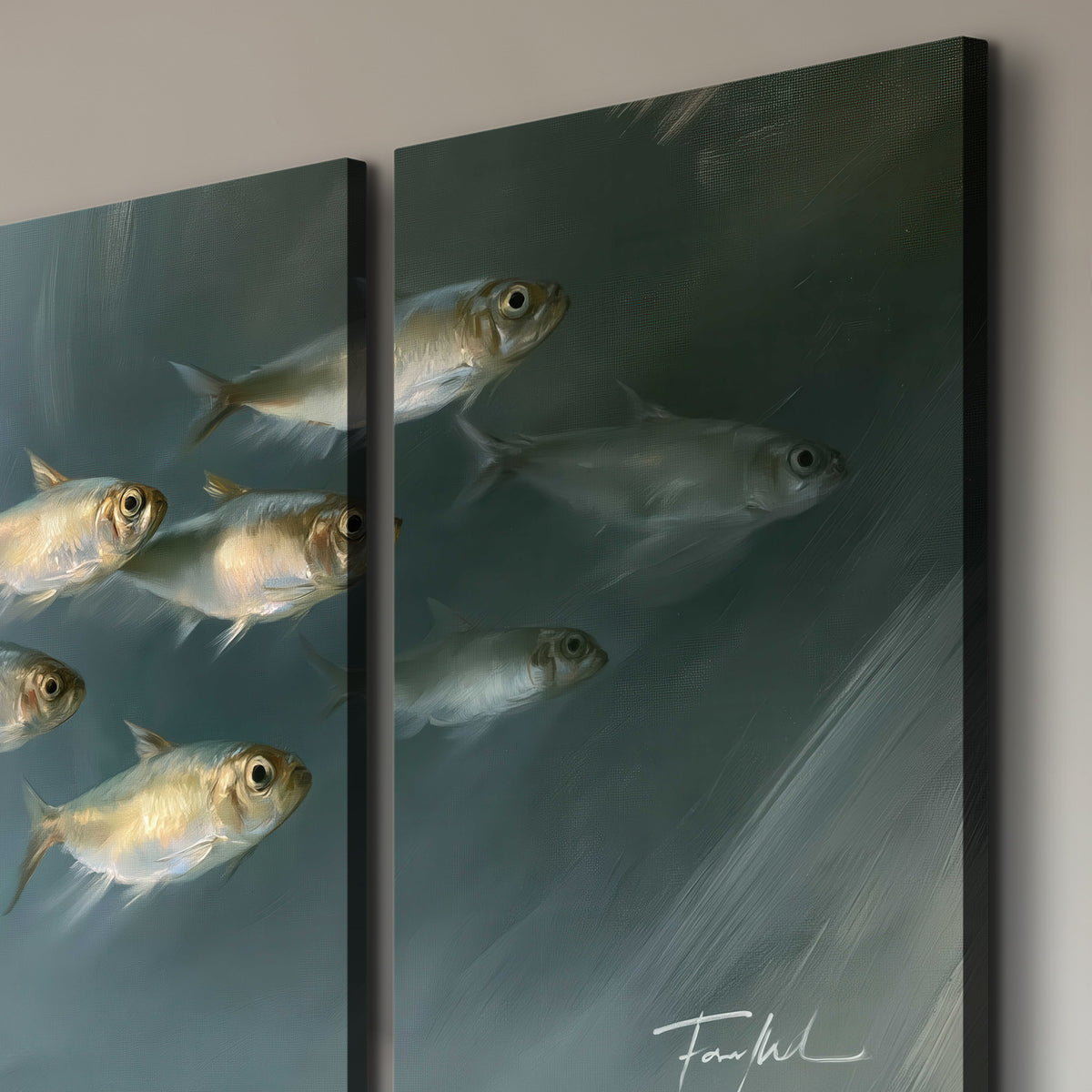 A small school of pale golden fish swimming across dark blue-green water 3 piece canvas wall art room and product view