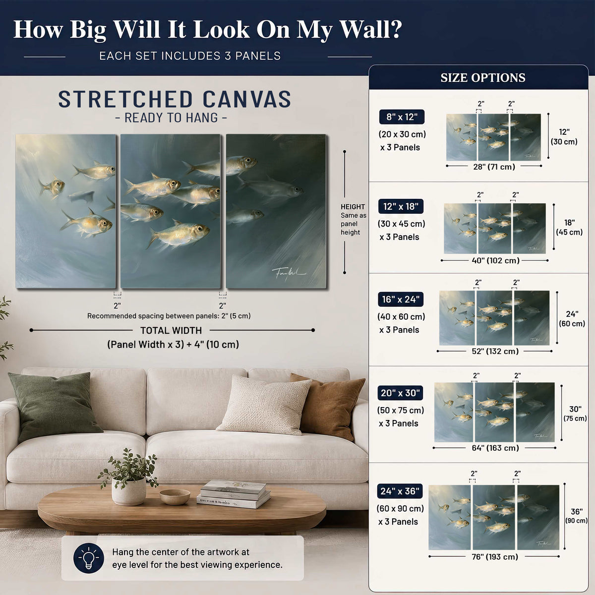 A small school of pale golden fish swimming across dark blue-green water 3 piece canvas wall art size guide above a sofa; room view is illustrative