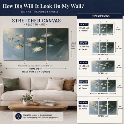 A small school of pale golden fish swimming across dark blue-green water 3 piece canvas wall art size guide above a sofa; room view is illustrative