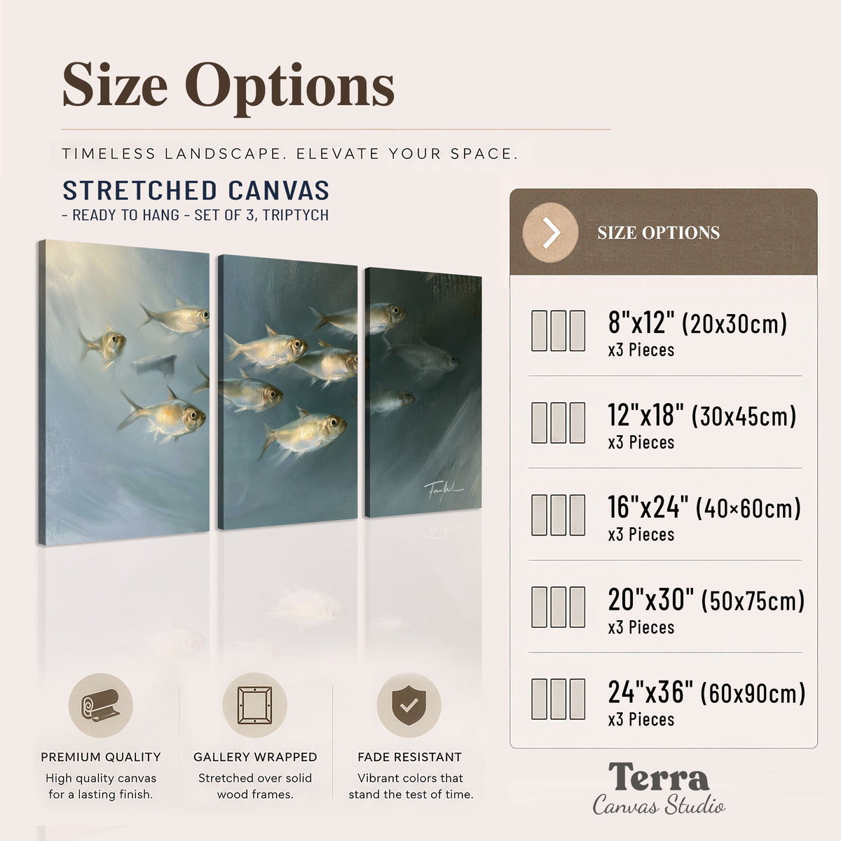 A small school of pale golden fish swimming across dark blue-green water 3 piece canvas wall art available dimensions; triptych dimensions are per panel