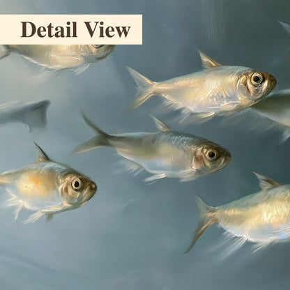 A small school of pale golden fish swimming across dark blue-green water 3 piece canvas wall art artwork detail close up
