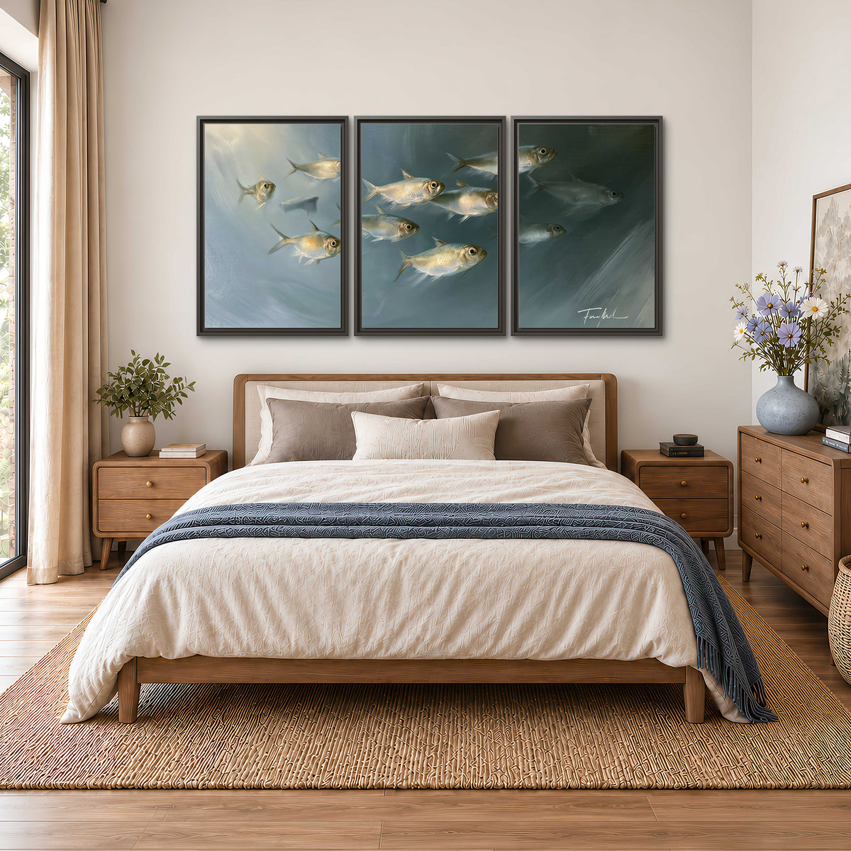 A small school of pale golden fish swimming across dark blue-green water 3 piece framed canvas wall art styled in an interior