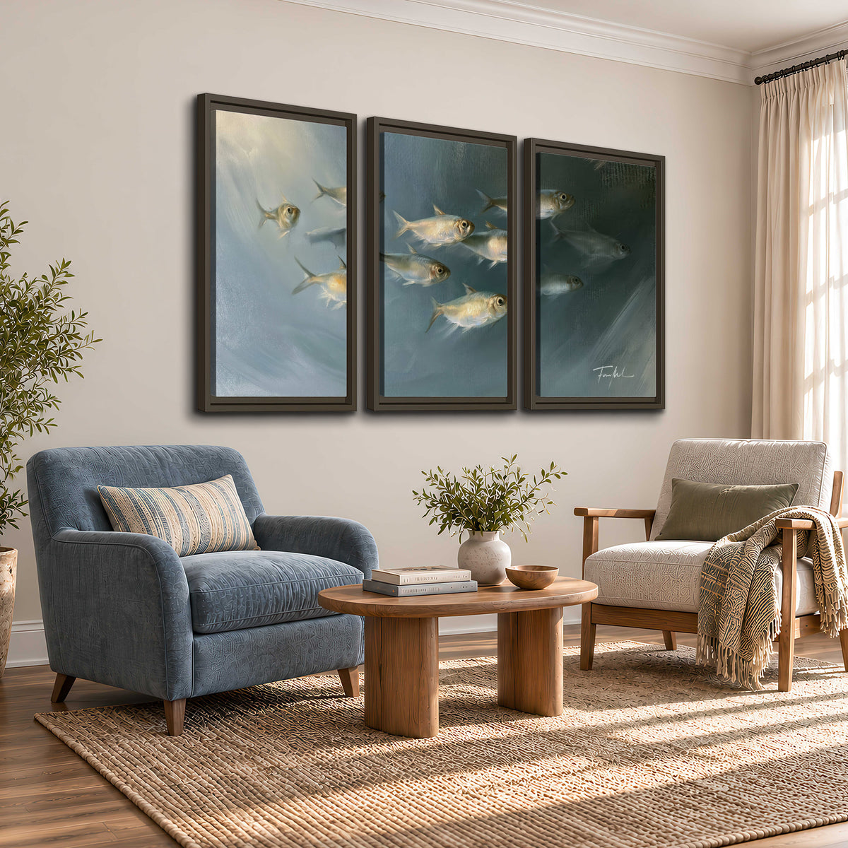 A small school of pale golden fish swimming across dark blue-green water 3 piece framed canvas wall art styled in an interior