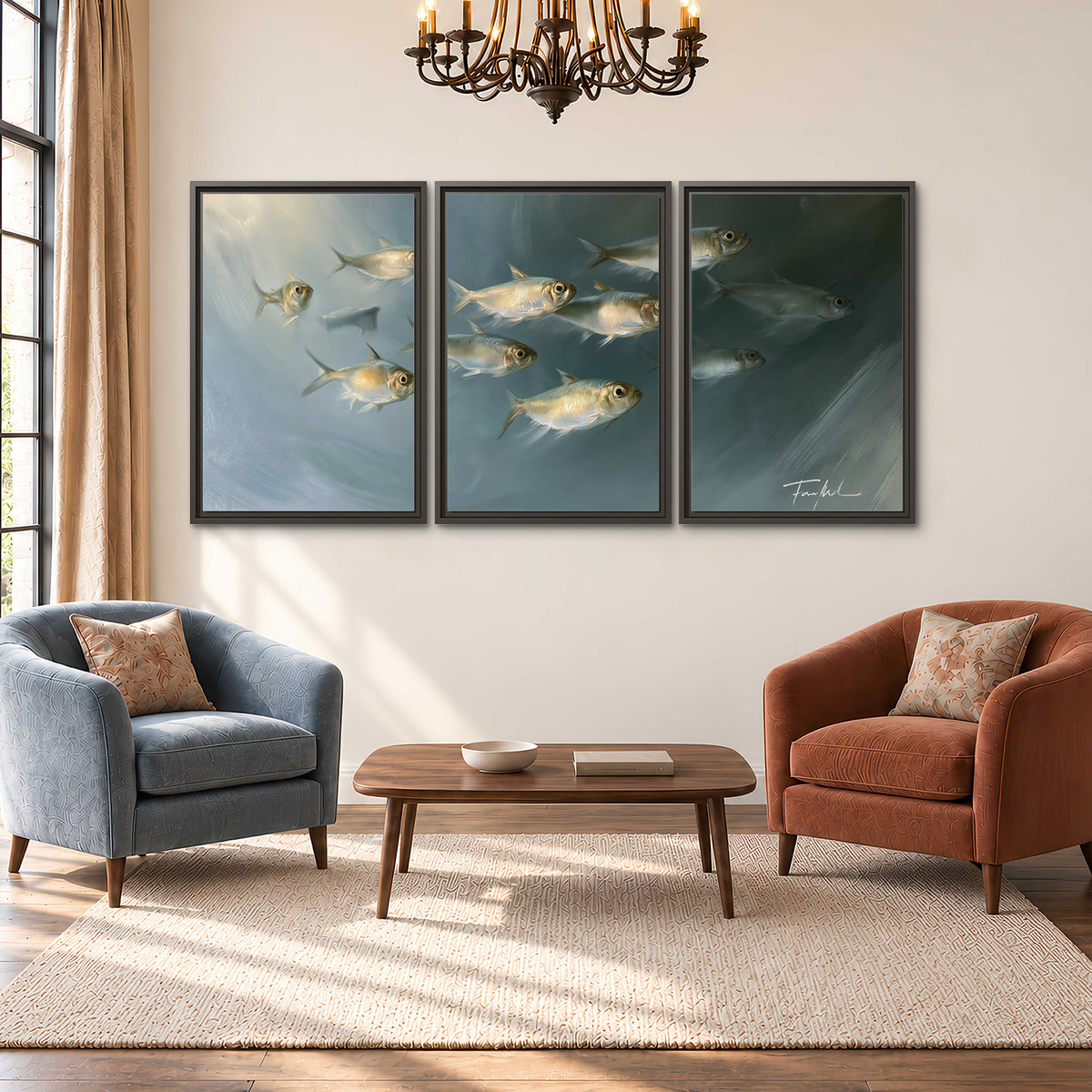 A small school of pale golden fish swimming across dark blue-green water 3 piece framed canvas wall art styled in an interior