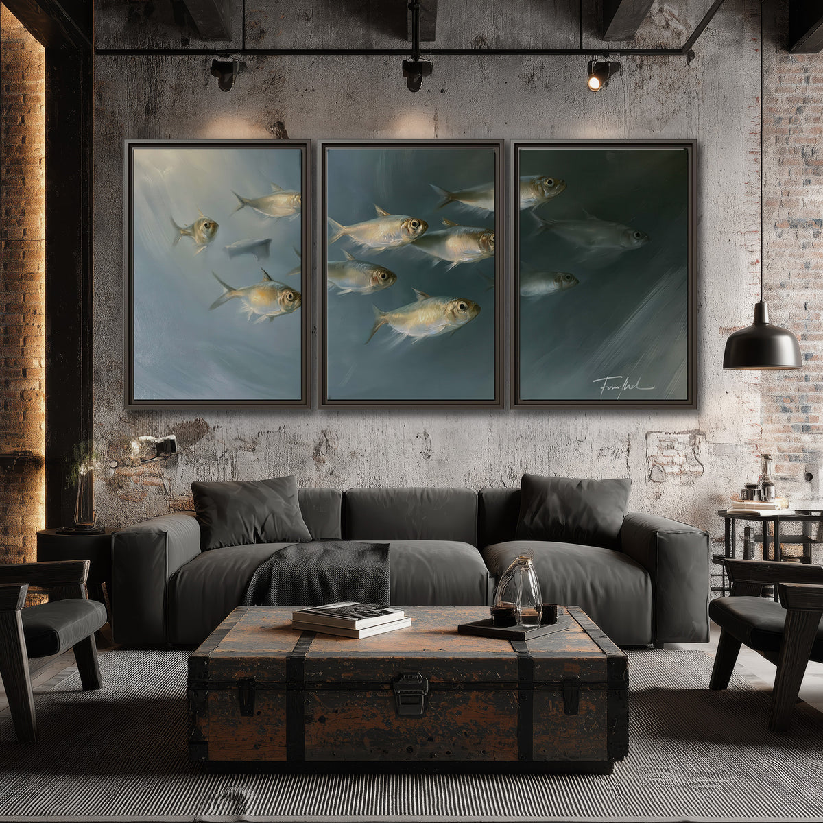 A small school of pale golden fish swimming across dark blue-green water 3 piece framed canvas wall art displayed in a industrial room