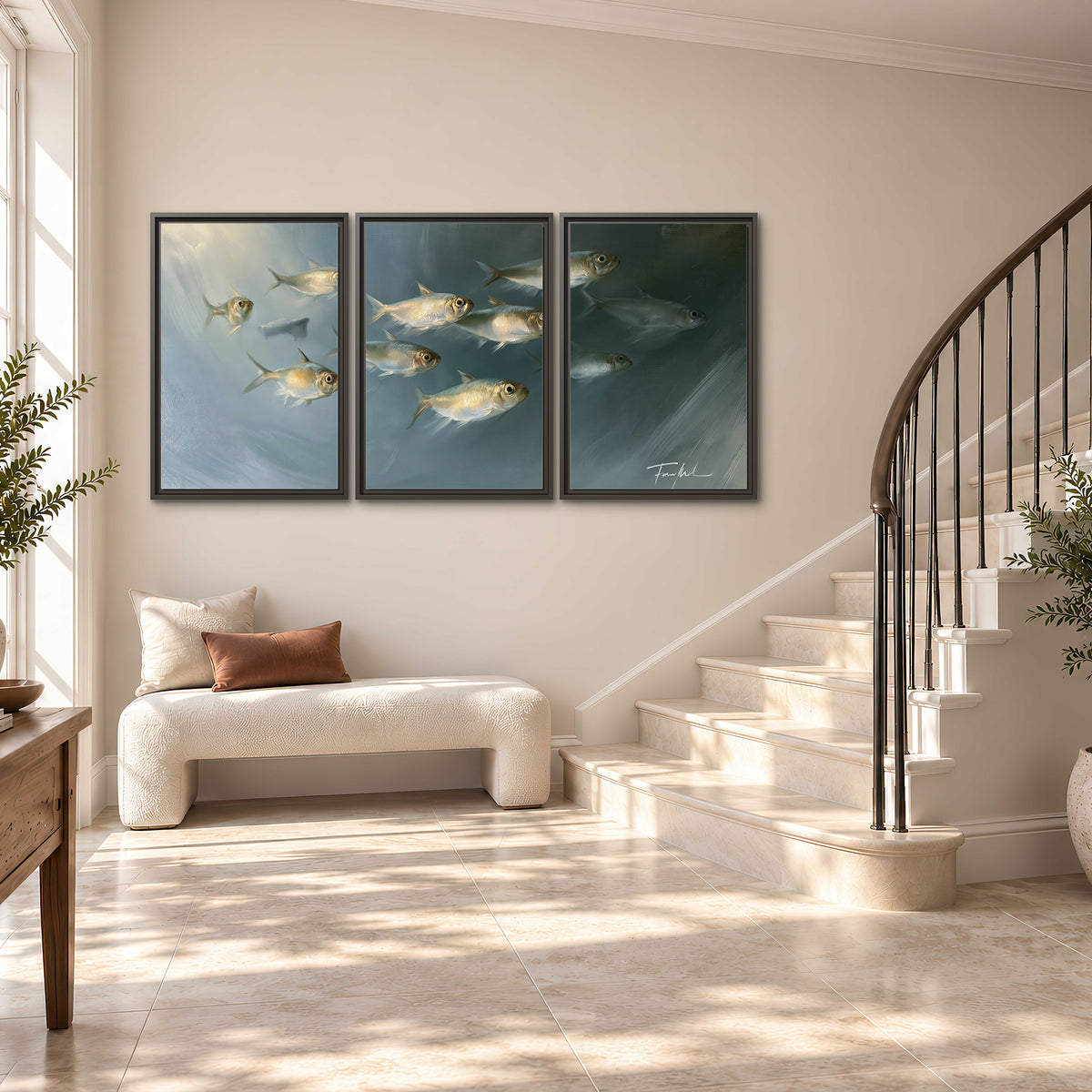A small school of pale golden fish swimming across dark blue-green water 3 piece framed canvas wall art styled in an interior