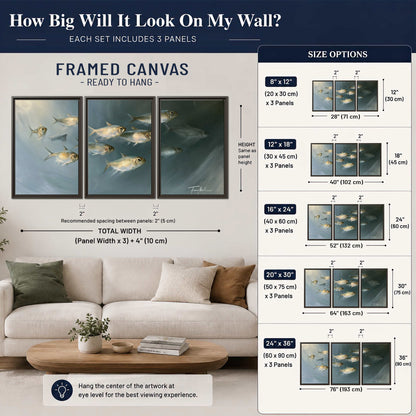 A small school of pale golden fish swimming across dark blue-green water 3 piece framed canvas wall art size guide above a sofa; room view is illustrative