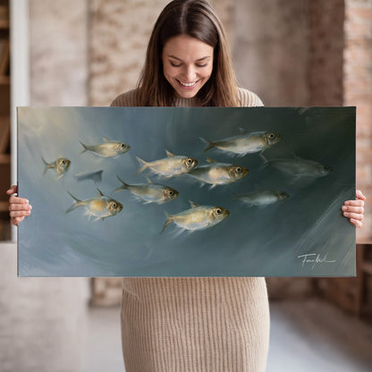 A small school of pale golden fish swimming across dark blue-green water single canvas wall art held in hands