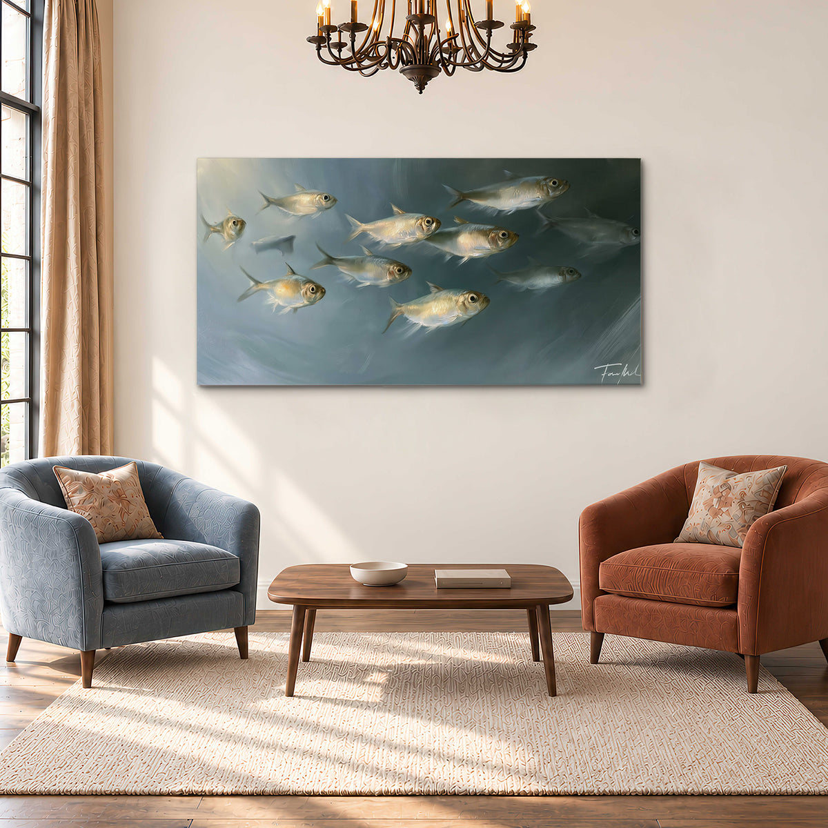 A small school of pale golden fish swimming across dark blue-green water single canvas wall art styled in an interior