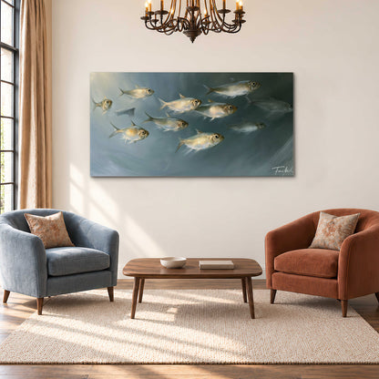 A small school of pale golden fish swimming across dark blue-green water single canvas wall art styled in an interior