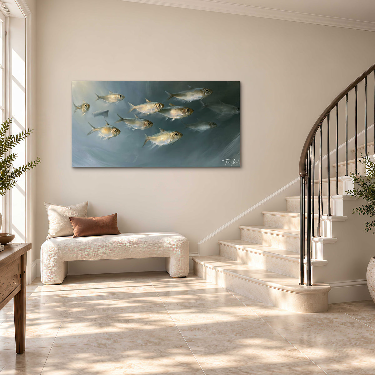 A small school of pale golden fish swimming across dark blue-green water single canvas wall art styled in an interior
