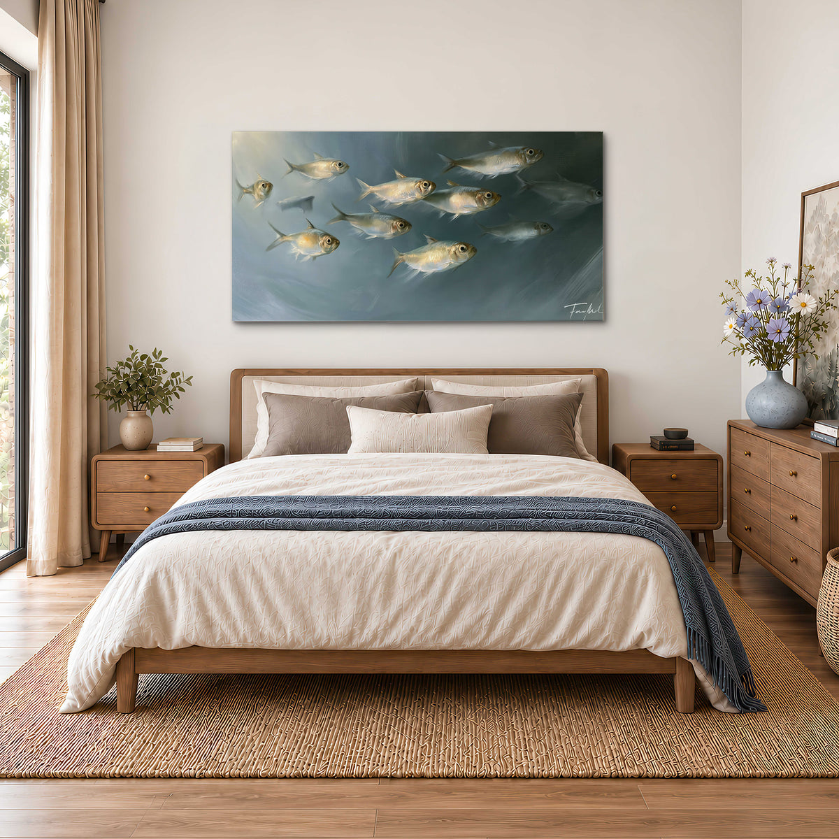 A small school of pale golden fish swimming across dark blue-green water single canvas wall art styled in an interior